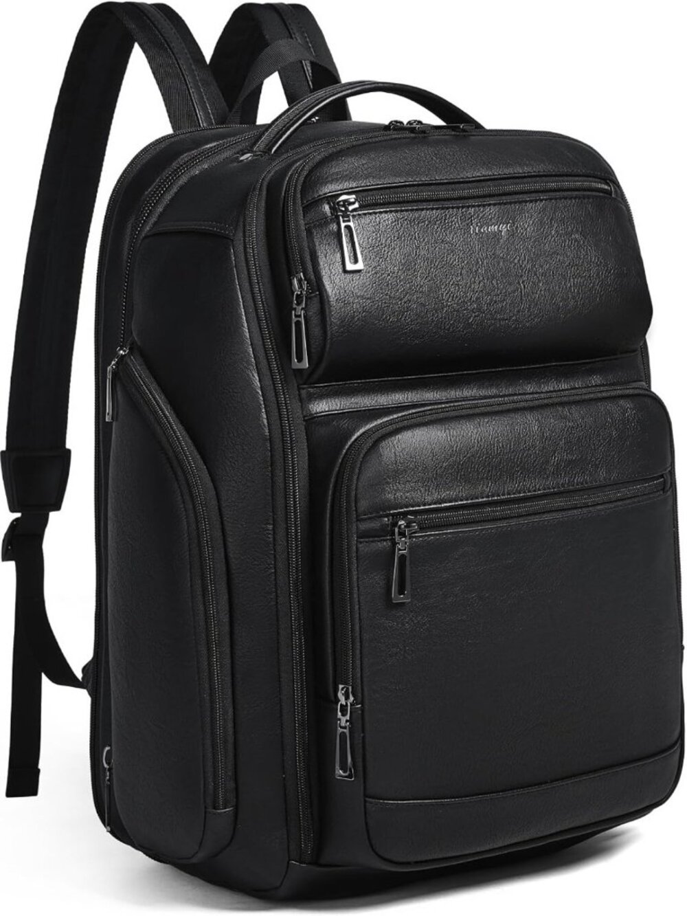Expandable Vegan Leather Travel Backpack, 40L, Fits 17" Laptop, USB Port, Black